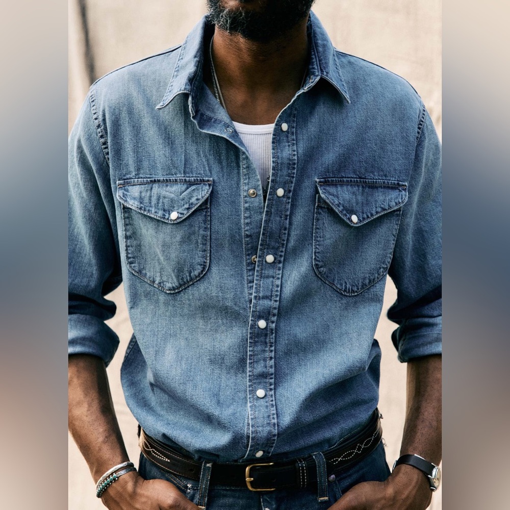 Imogene + Willie Hayes Washed Pearl Snap Japanese Denim Button Down Shirt Large
